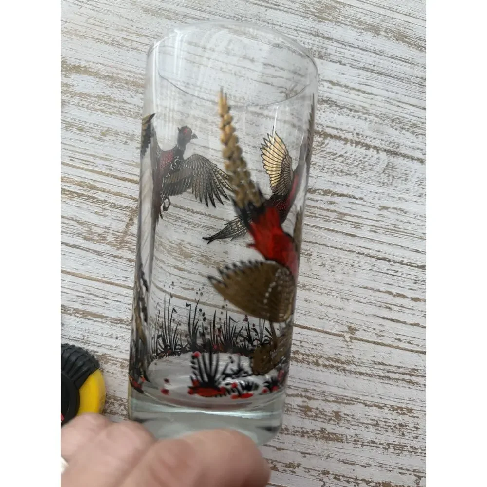 Vintage MCM Red Gold Ringneck Pheasant Tall Barware‎ Glass